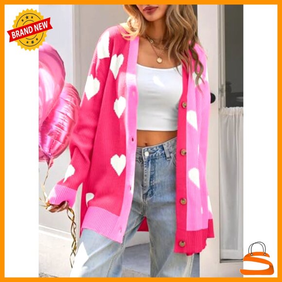 Oversized Heart Print Cardigan Ribbed Knit V-Neck Button Up Chic Y2K - Picture 3 of 7